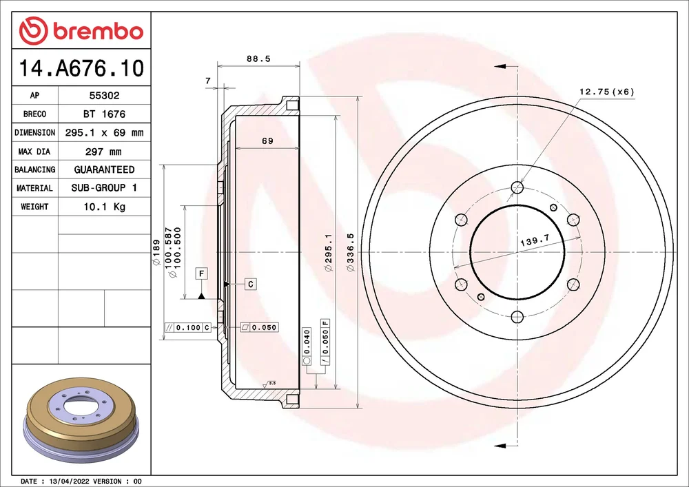 Brzdový buben BREMBO 14.A676.10 – OE 4320637G10