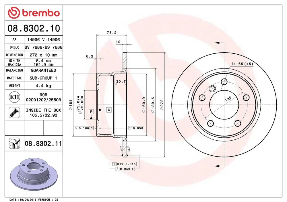 Brzdový kotouč BREMBO 08.8302.11