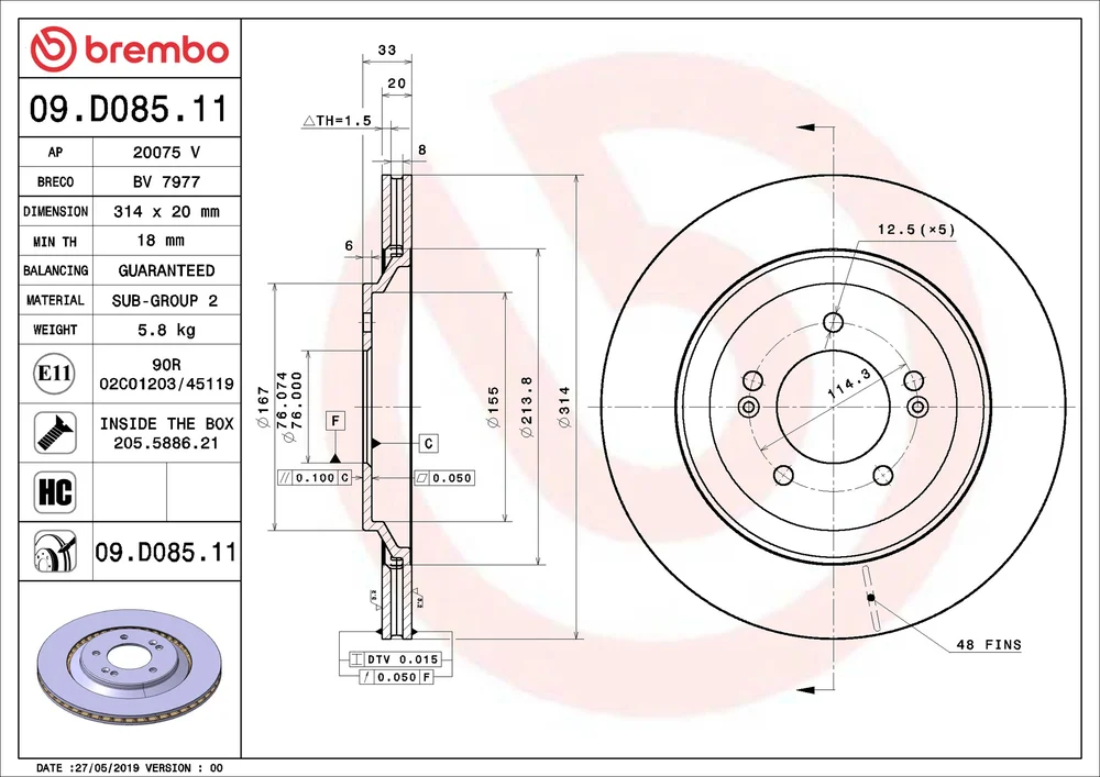 Brzdový kotouč BREMBO 09.D085.11 – OE 58411S0500