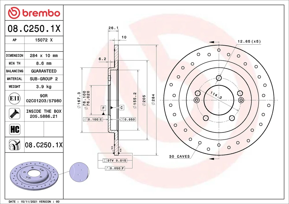 Brzdový kotouč BREMBO 08.C250.1X – OE 58411A6200