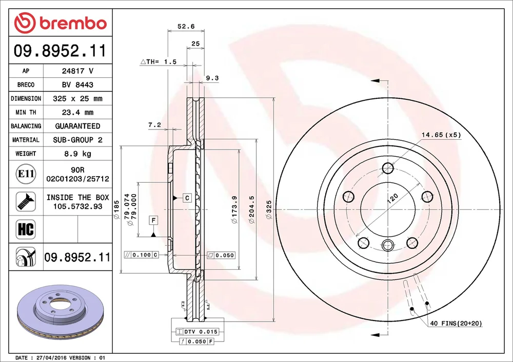 Brzdový kotouč BREMBO 09.8952.11