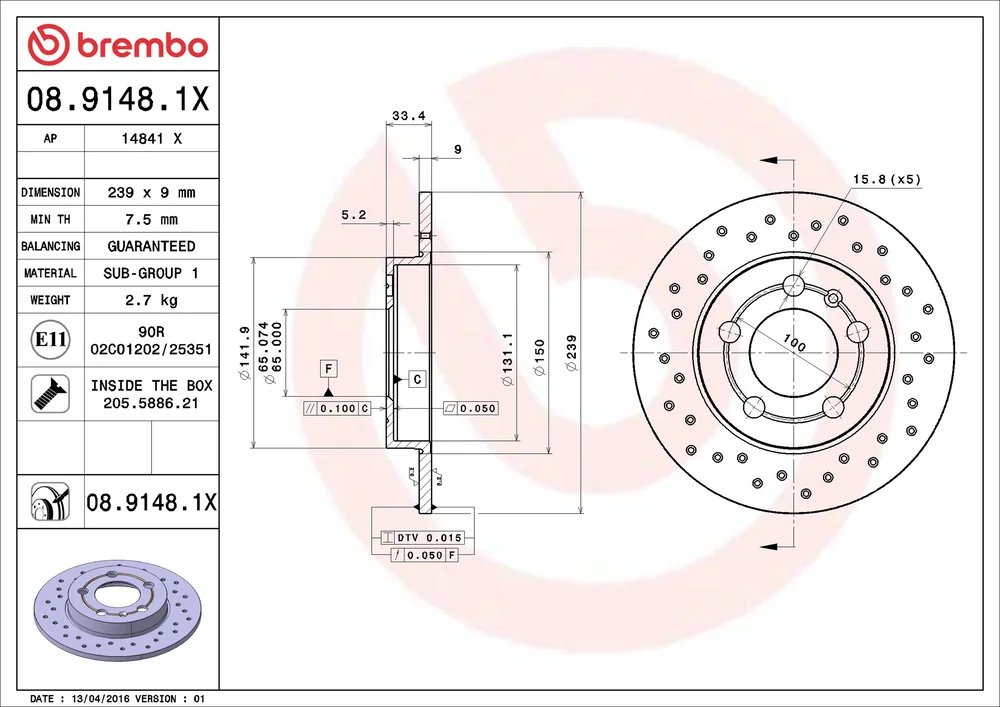 Brzdový kotouč BREMBO 08.9148.1X – OE 1J0615601D