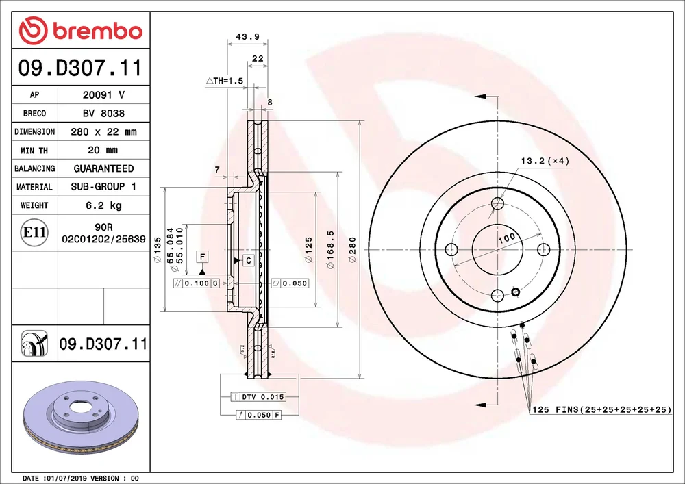 Brzdový kotouč BREMBO 09.D307.11