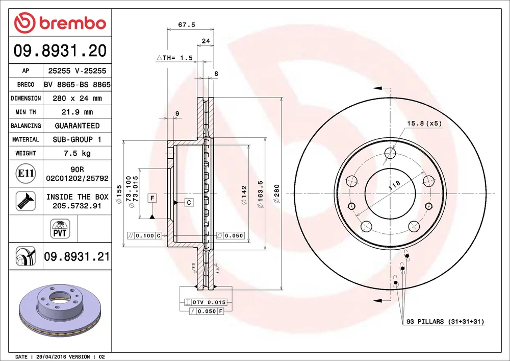 Brzdový kotouč BREMBO 09.8931.20