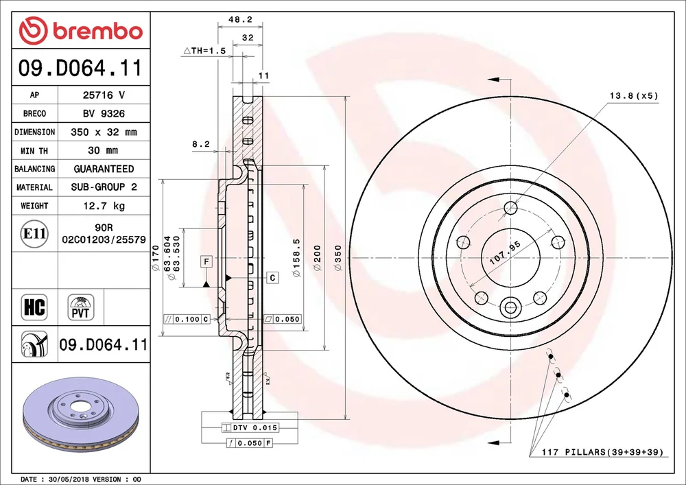 Brzdový kotouč BREMBO 09.D064.11 – OE T4N1803