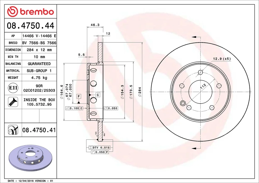 Brzdový kotouč BREMBO 08.4750.41