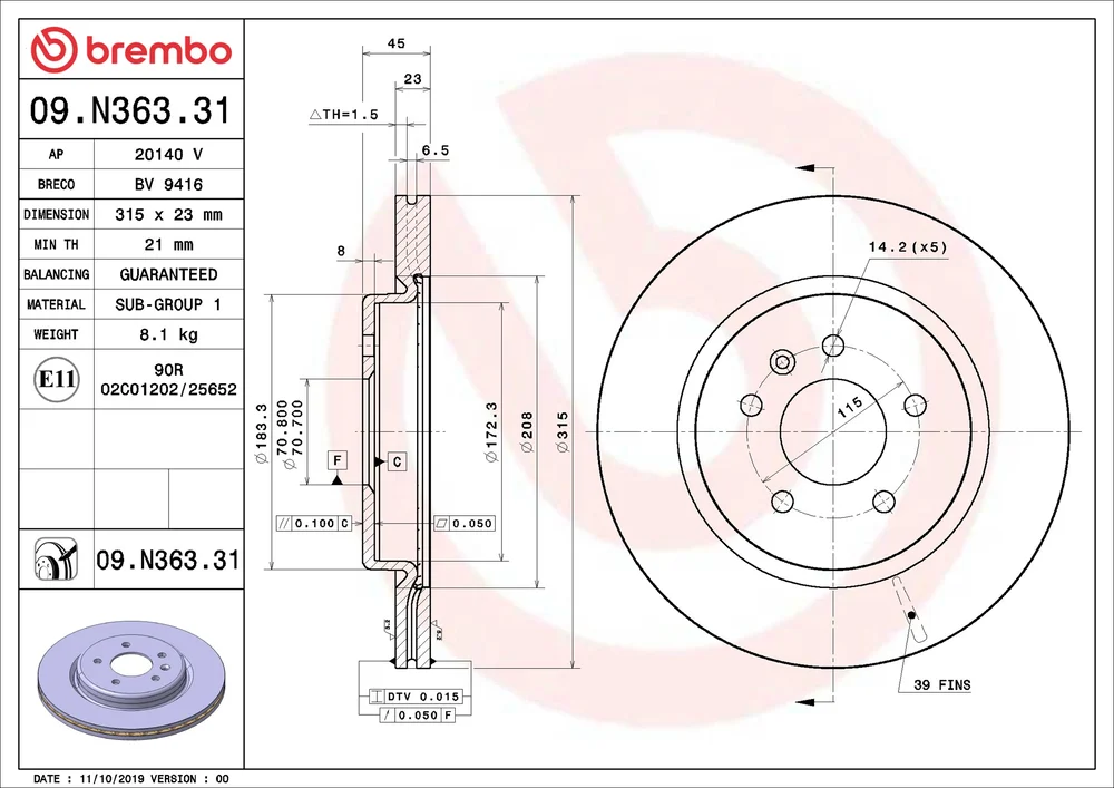 Brzdový kotouč BREMBO 09.N363.31