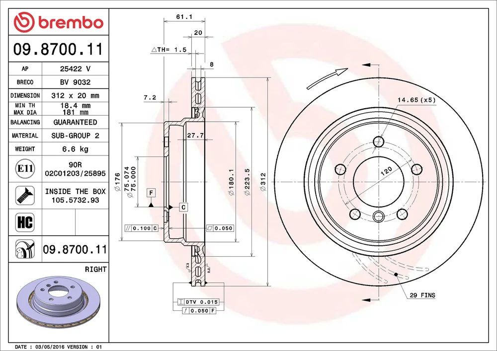 Brzdový kotouč BREMBO 09.8700.11 – OE 34212227178