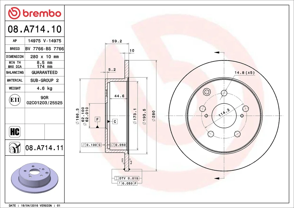 Brzdový kotouč BREMBO 08.A714.11 – OE 4243105050