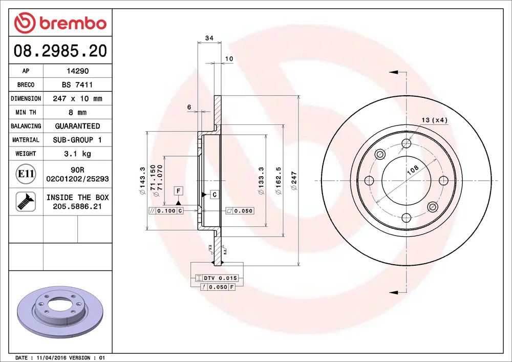 Brzdový kotouč BREMBO 08.2985.20