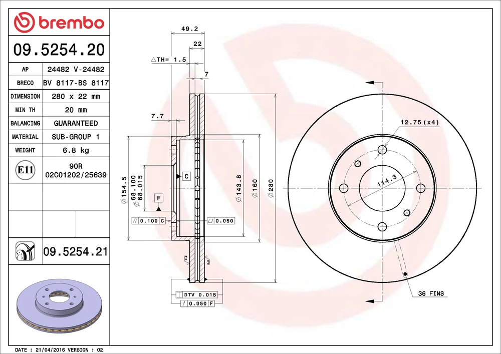 Brzdový kotouč BREMBO 09.5254.21
