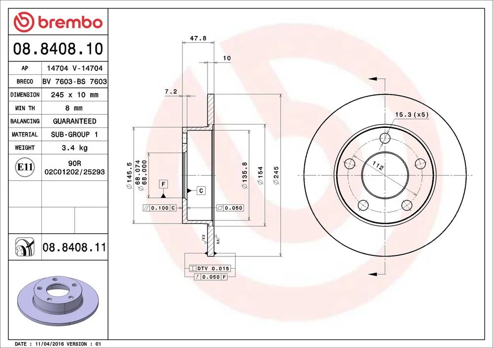 Brzdový kotouč BREMBO 08.8408.11