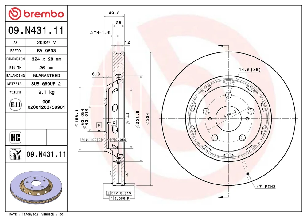 Brzdový kotouč BREMBO 09.N431.11 – OE 435120T010